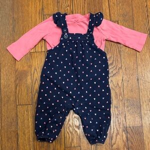 Carter's Navy Overalls with multicolored Hearts and pink undershirt